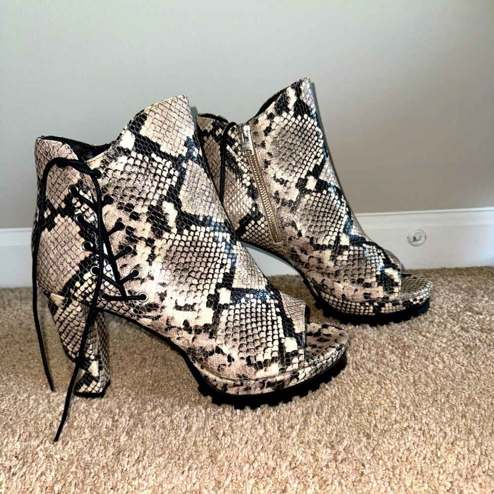 All Saints Heeled Peep Toe Snakeskin Boot